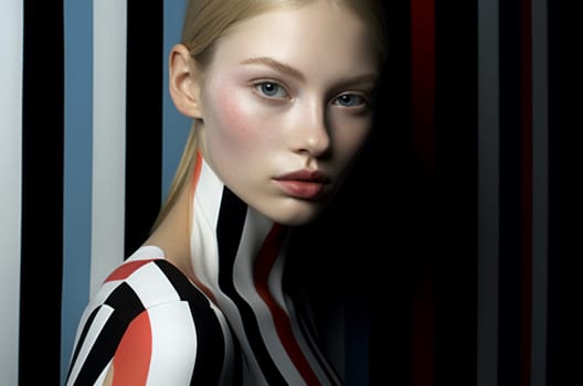 Captivating Glamour model portrait on stripes style. Happy fun girl with sexy lips. Generate Ai