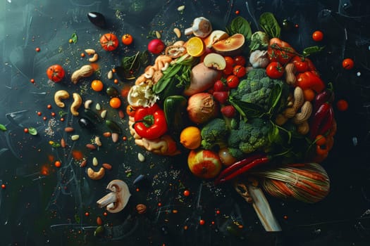 Variety of fresh vegetables and fruits on dark background. Food photography. Healthy eating and nutrition concept. Design for cookbook, recipe, banner