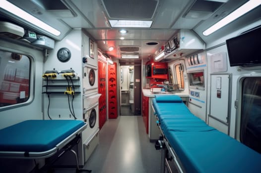 Sterile Modern ambulance inside. Medical doctor rescue transport equipment. Generate Ai