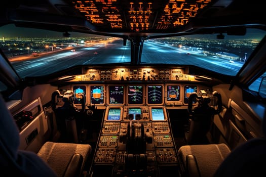 Inside view of an airplane cockpit with a glowing instrument panel.