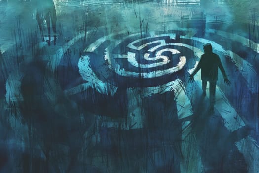 A sketched illustration portrays a symbolic journey through layers of consciousness, with a solitary figure approaching an enigmatic doorway. The artwork explores themes of self-discovery and the human psyche