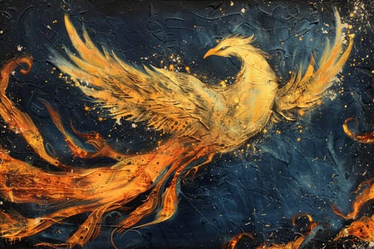 A majestic phoenix rises, wings aflame with vibrant hues, symbolizing rebirth and renewal amidst the ashes. Its fiery plumes against the textured backdrop evoke strength and transformation