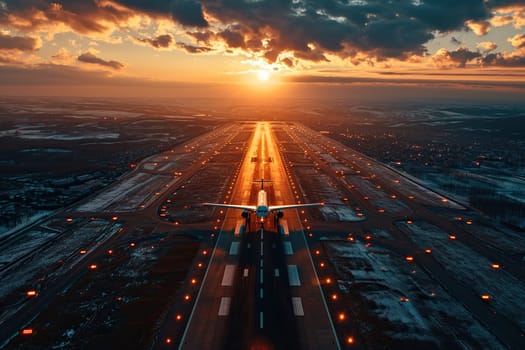 Top view of the runway with an airplane at sunset, dawn.