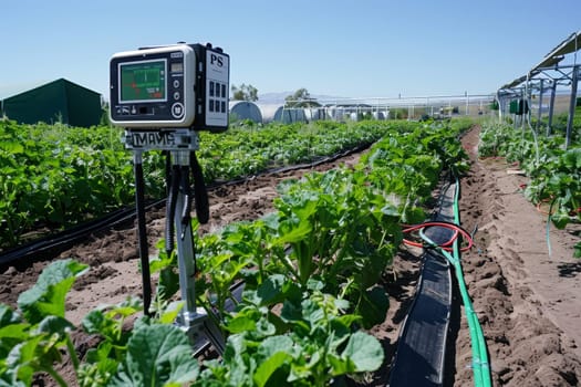 Advanced irrigation technology supports robust plant growth in a greenhouse setting, underscoring the significance of precision agriculture. The clarity of the image highlights the intricacies of modern farming techniques