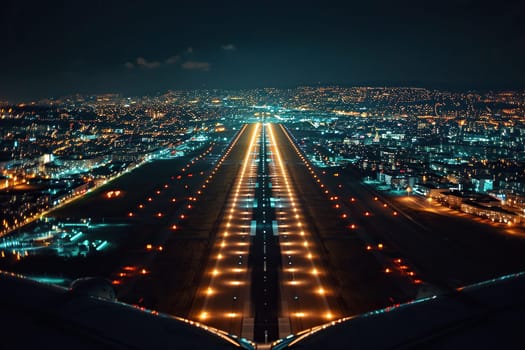 Beautiful top view of the airport runways at night.