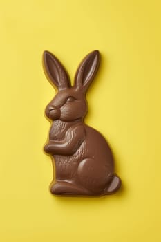 A milk chocolate Easter bunny stands out against a vivid yellow backdrop, symbolizing festive springtime celebrations - Generative AI