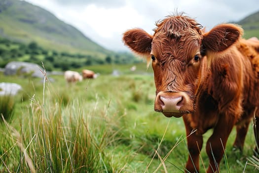 A red farm cow grazes in a meadow in a mountainous area.