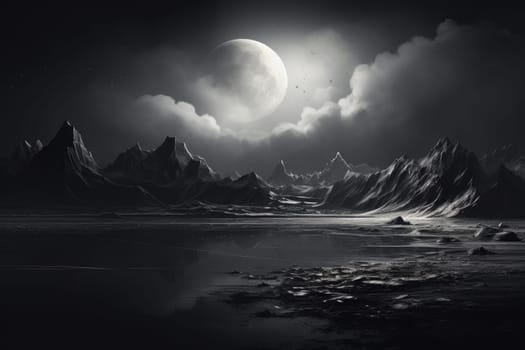 Tranquil Monochrome big moon above the mountains. Night scenic landscape view of hills on dark sky. Generate ai