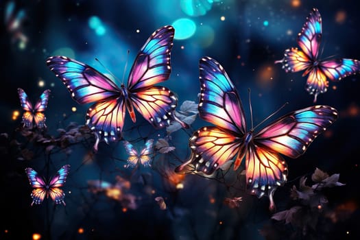 Horizontal background with neon butterflies and golden bokeh.