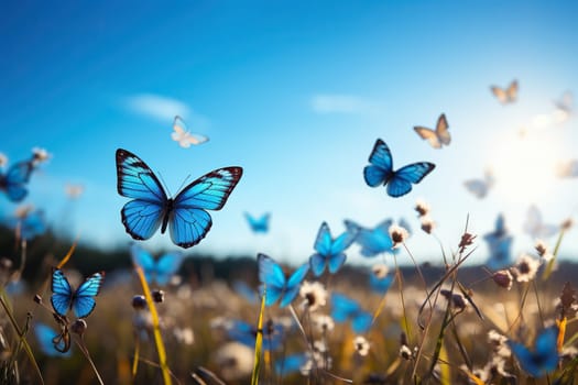 Blue butterflies flutter over the field.