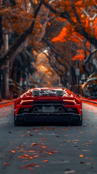 A red car with automotive lighting drives down an asphalt road lined with trees, its hood reflecting the sunlight as the tires grip the road