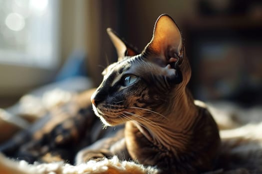 A Sphynx cat lies on a bed in the sun.