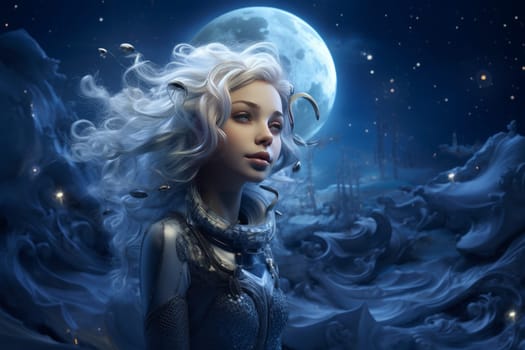 Mysterious Moon girl fantasy. Magic walk sign. Generate Ai