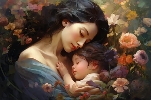 Innocent Mother child flowers. Summer child love with big spring flowers. Generate AI