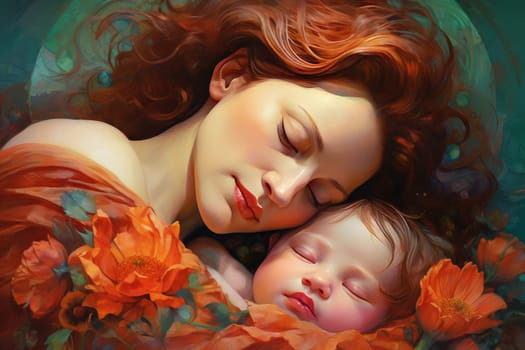 Blossoming Mother child flowers spring. Infant kid embrace cute mom. Generate AI