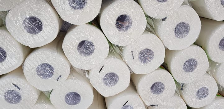 top view of lots of toilet paper rolls. soft hygienic paper. close up during the covid pandemic
