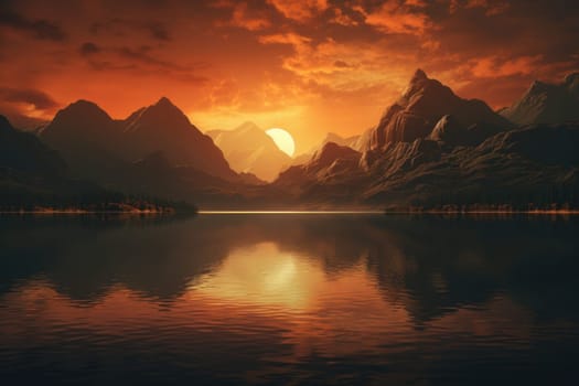 Serene Mountains art sunset lake. Landscape view. Generate Ai