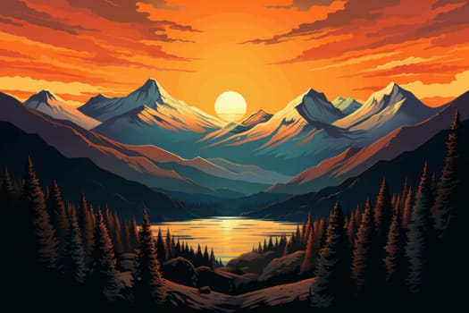 Vibrant Mountains art sunset poster. Color water light. Generate Ai