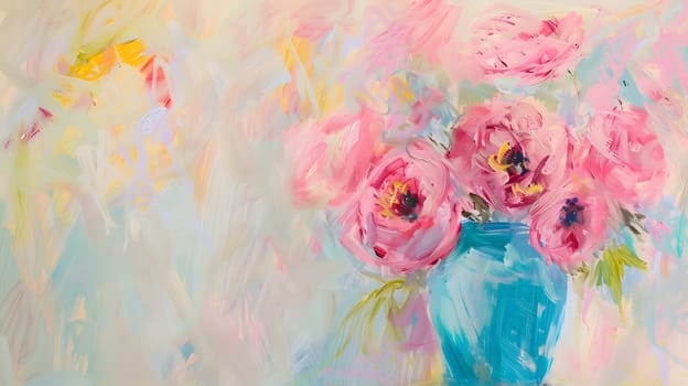 A beautiful painting of a pink flower bouquet in a blue vase on a table, showcasing the delicate petals and vibrant colors of the flowers