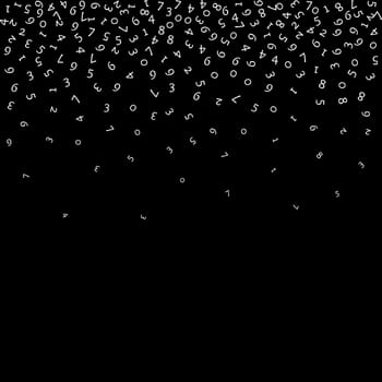 Falling numbers, big data concept. Binary white random flying digits. Rare futuristic banner on black background. Digital illustration with falling numbers.