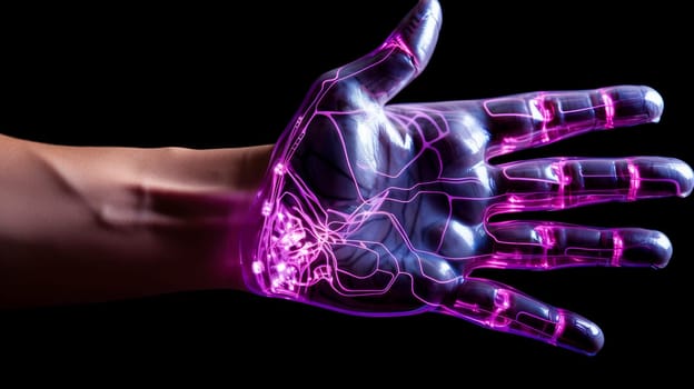 Artificial intelligence cyborg robot hand in futuristic style. Integration of technology and human interaction. Chat bot