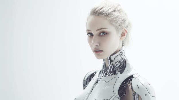 Robot cyborg woman girl on a white background with artificial intelligence. Internet and digital technologies. Global network. Integrating technology and human interaction. Chat bot. Digital technologies of the future