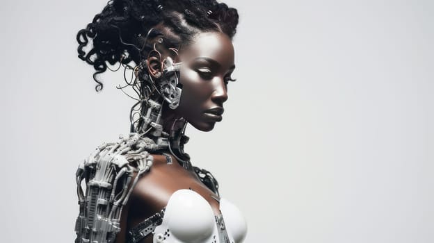 Robot cyborg woman girl dark-skinned African on a white background with artificial intelligence. Internet and digital technologies. Global network. Integrating technology and human interaction. Chat bot. Digital technologies of the future
