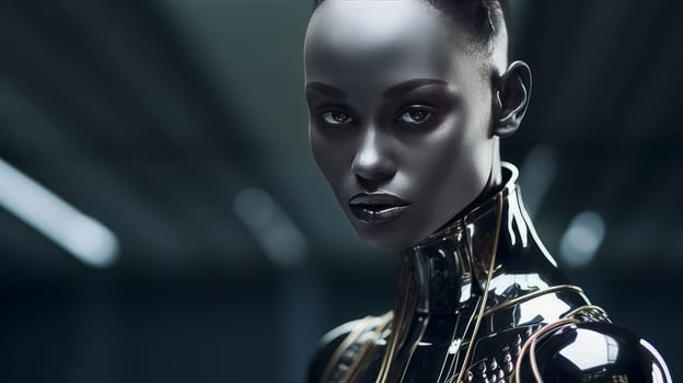 Robot cyborg woman girl dark-skinned African on a dark background with artificial intelligence. Internet and digital technologies. Global network. Integrating technology and human interaction. Chat bot. Digital technologies of the future