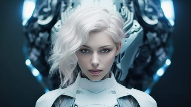 Robot cyborg woman girl blonde hair on a dark background with artificial intelligence. Internet and digital technologies. Global network. Integrating technology and human interaction. Chat bot. Digital technologies of the future