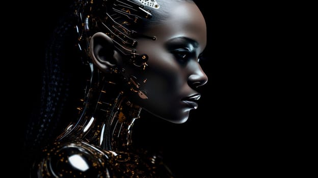 Robot cyborg woman girl dark-skinned African on a black background with artificial intelligence. Internet and digital technologies. Global network. Integrating technology and human interaction. Chat bot. Digital technologies of the future