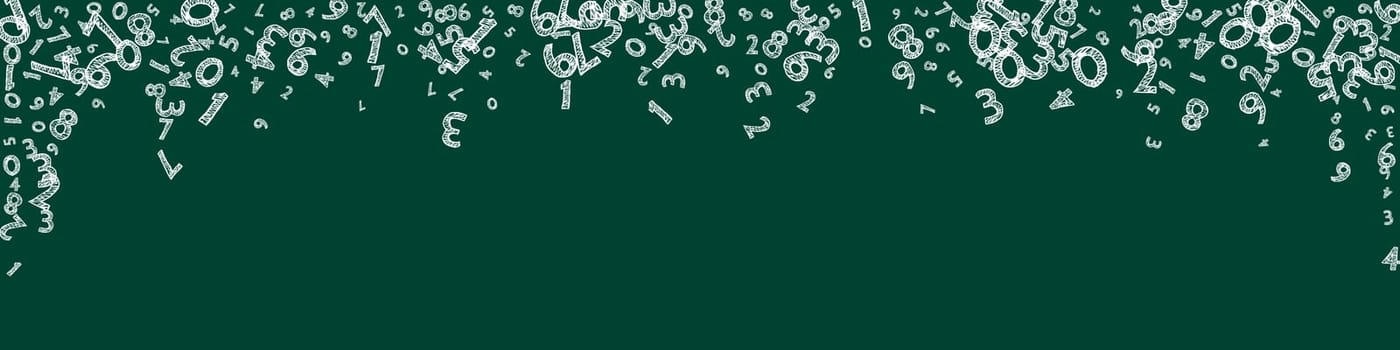 Falling childish chalk numbers. Math study concept with flying digits. Worthy back to school mathematics banner on blackboard background. Falling numbers illustration.