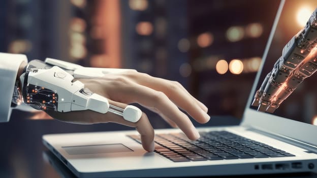 Businessman cyborg robot hand on laptop keyboard with artificial intelligence, future technology. Internet and digital technologies. Global network. Integrating technology and human interaction. Chat bot. Digital technologies of the future