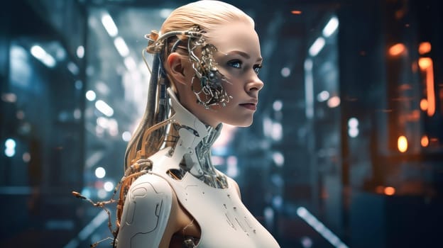 Robot cyborg woman girl with artificial intelligence, future technology. Internet and digital technologies. Global network. Integrating technology and human interaction. Chat bot. Digital technologies of the future
