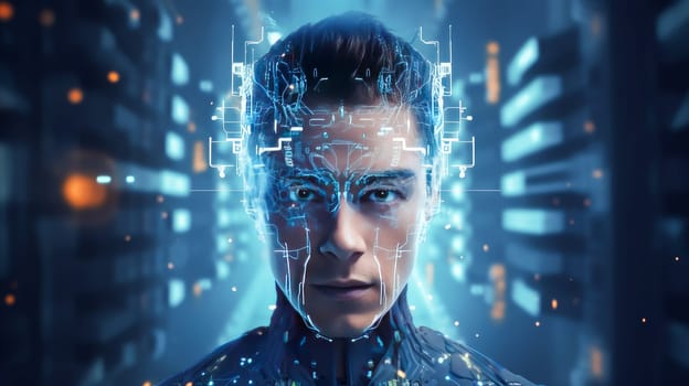 Robot cyborg man guy with artificial intelligence, future technology. Internet and digital technologies. Global network. Integrating technology and human interaction. Chat bot. Digital technologies of the future