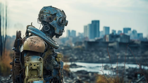 Destructions of World War. Artificial intelligence robot in a destroyed city. Fire, destruction and devastation. Old city