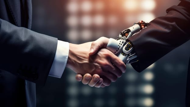 Robot cyborg shakes hands with male businessman with artificial intelligence, future technology. Internet and digital technologies. Global network. Integrating technology and human interaction. Chat bot. Digital technologies of the future
