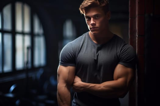 Captivating Muscle handsome young man posing. Training center robust virile. Generate Ai