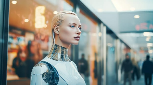 A cyborg robot with artificial intelligence walks around city, goes shopping, robot lifestyle, future technologies. Internet and digital technologies. Global network. Integrating technology and human interaction. Digital technologies of the future