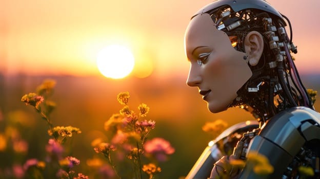 A happy smiling robot with artificial intelligence walks through a meadow of blooming flowers on a sunny day, future technology. Internet and digital technologies. Global network. Integrating technology and human interaction. Digital technologies of the future