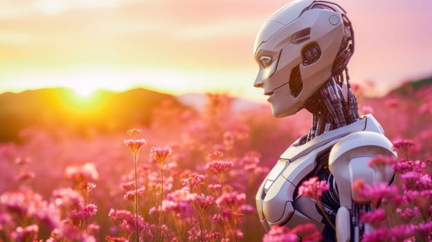 A happy smiling robot with artificial intelligence walks through a meadow of blooming flowers on a sunny day, future technology. Internet and digital technologies. Global network. Integrating technology and human interaction. Digital technologies of the future