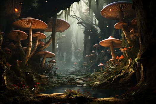 Serene Mushroom rain forest. Fungi autumn. Generate Ai