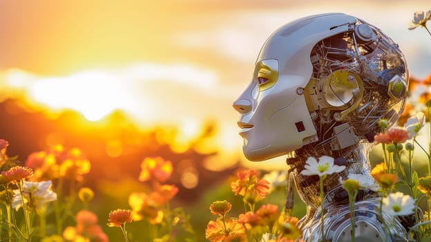 A happy smiling robot with artificial intelligence walks through a meadow of blooming flowers on a sunny day, future technology. Internet and digital technologies. Global network. Integrating technology and human interaction. Digital technologies of the future