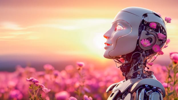 A happy smiling robot with artificial intelligence walks through a meadow of blooming flowers on a sunny day, future technology. Internet and digital technologies. Global network. Integrating technology and human interaction. Digital technologies of the future