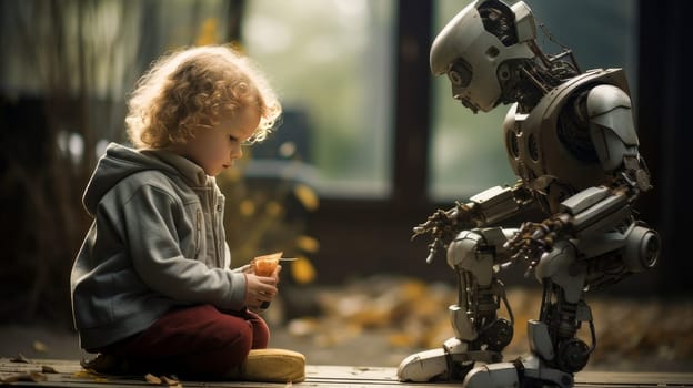 A little boy plays with a robot in a park in nature with artificial intelligence, future technology. Internet and digital technologies. Global network. Integrating technology and human interaction. Chat bot. Digital technologies of the future