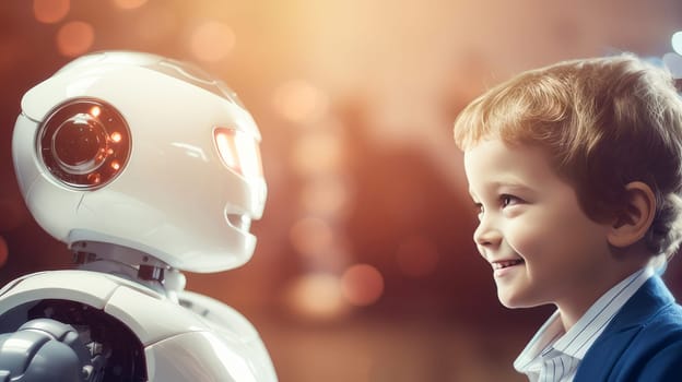 Boy child plays and makes friends with a robot with artificial intelligence, future technology. Internet and digital technologies. Global network. Integrating technology and human interaction. Chat bot. Digital technologies of the future