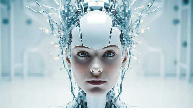 Robot cyborg woman girl person with artificial intelligence, future technology. Internet and digital technologies. Global network. Integrating technology and human interaction. Chat bot. Digital technologies of the future