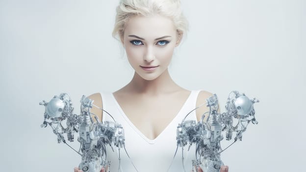 Robot cyborg woman girl with blond hair with artificial intelligence, future technologies. Internet and digital technologies. Global network. Integrating technology and human interaction. Chat bot. Digital technologies of the future