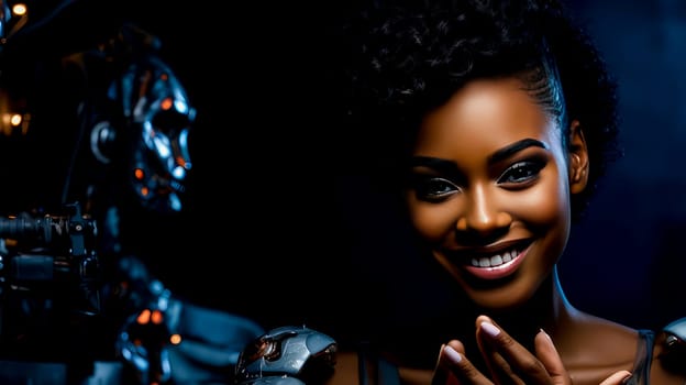 Robot cyborg woman girl dark-skinned African American with artificial intelligence, future technologies. Internet and digital technologies. Global network. Integrating technology and human interaction. Chat bot. Digital technologies of the future