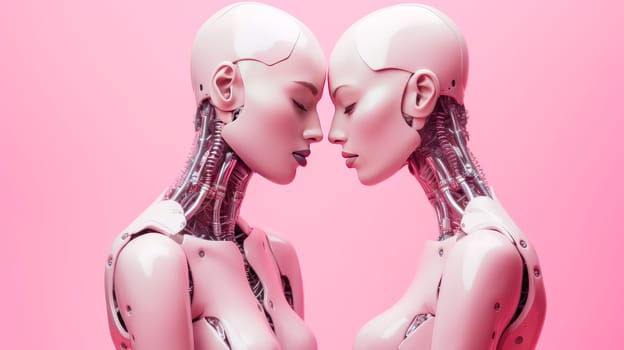 Two pink robots gently hug each other on a pink background with artificial intelligence, future technologies. Internet and digital technologies. Global network. Integrating technology and human interaction. Digital technologies