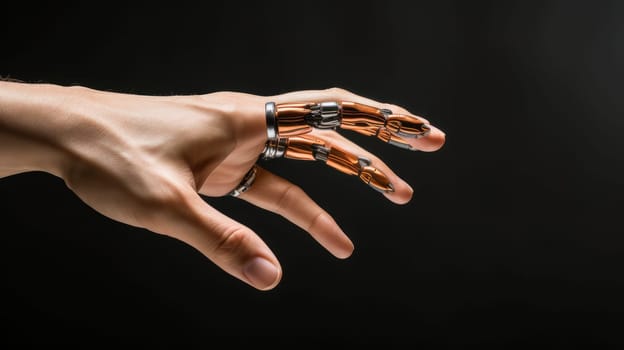 Human robot cyborg hand with artificial intelligence, future technologies. Internet and digital technologies. Global network. Integrating technology and human interaction. Digital technologies